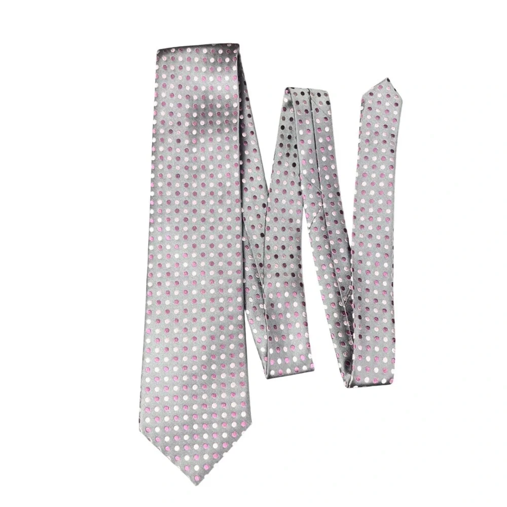 Geoffrey Beene Mens Grey Pink Purple Polka Dot 100% Silk Necktie Standard Width